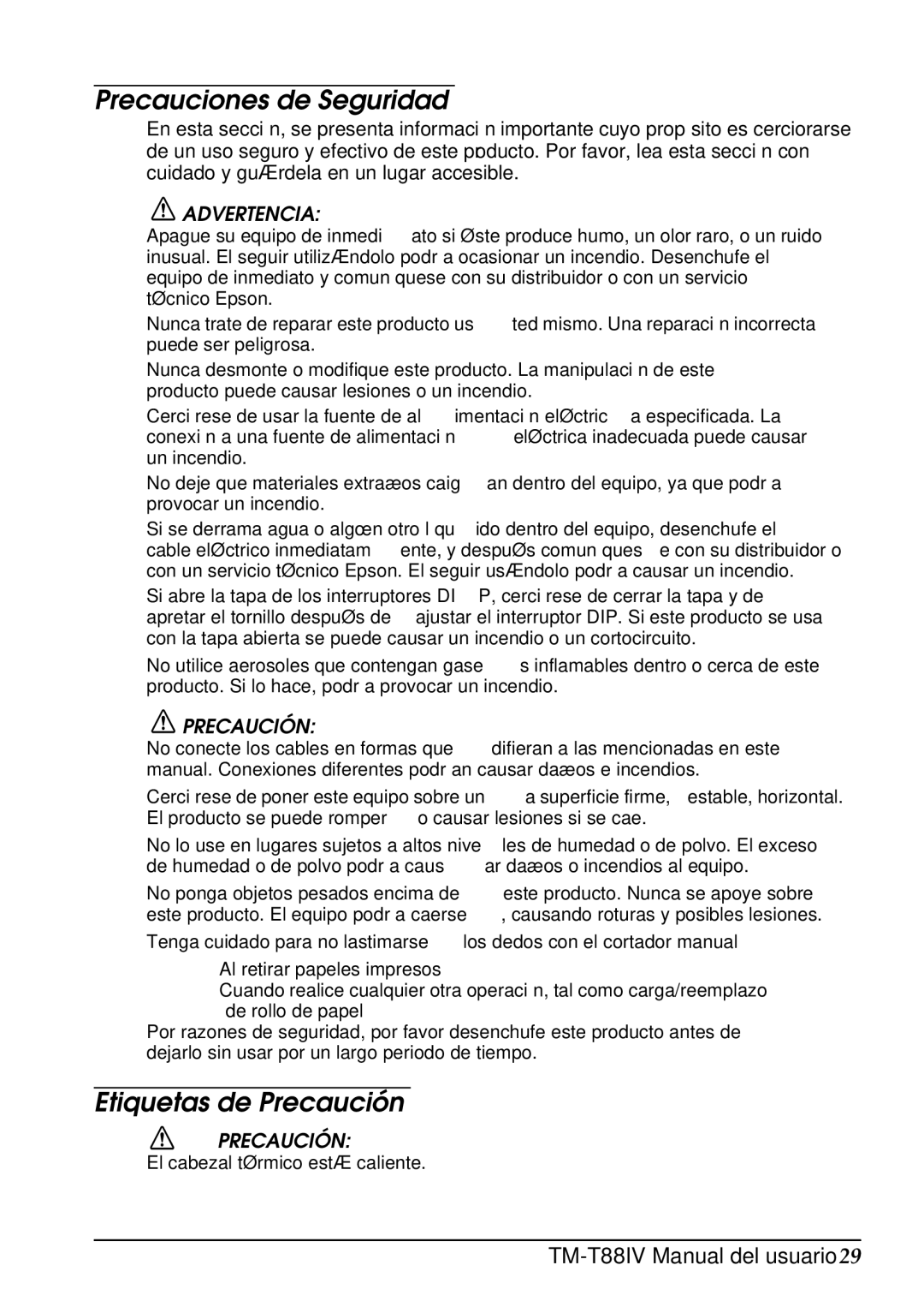 Epson T88IV user manual Precauciones de Seguridad, Etiquetas de Precaución, Advertencia 