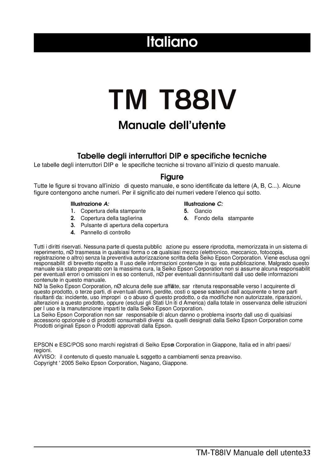 Epson T88IV user manual Italiano, Manuale dell’utente, Tabelle degli interruttori DIP e specifiche tecniche 