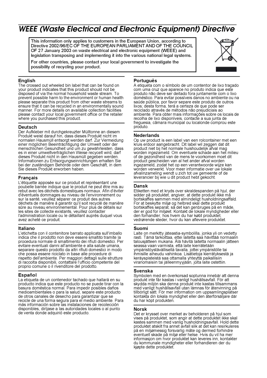 Epson T88IV user manual Weee Waste Electrical and Electronic Equipment Directive, English 