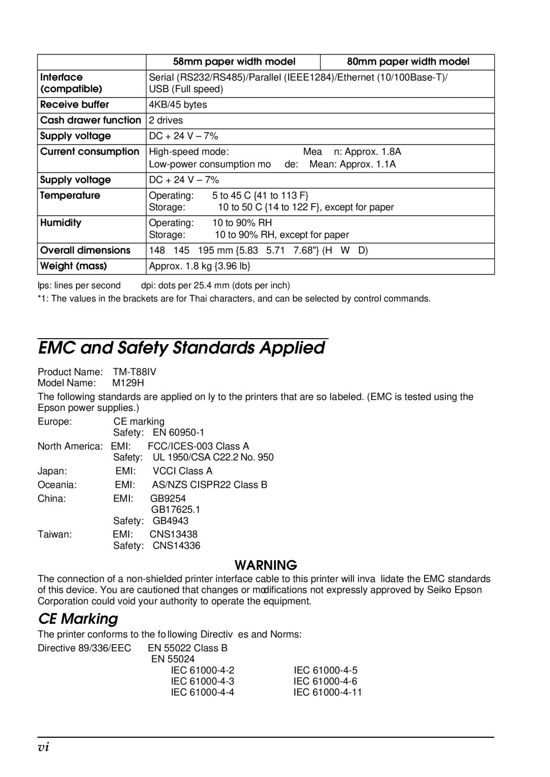 Epson T88IV user manual EMC and Safety Standards Applied 