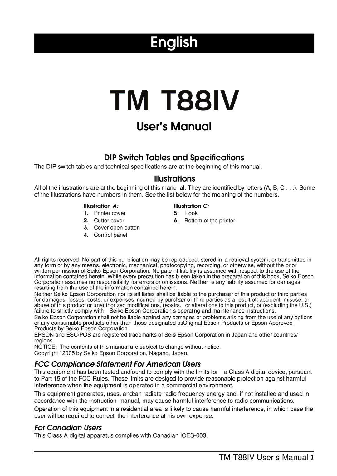 Epson T88IV user manual English, User’s Manual, DIP Switch Tables and Specifications, Illustrations 