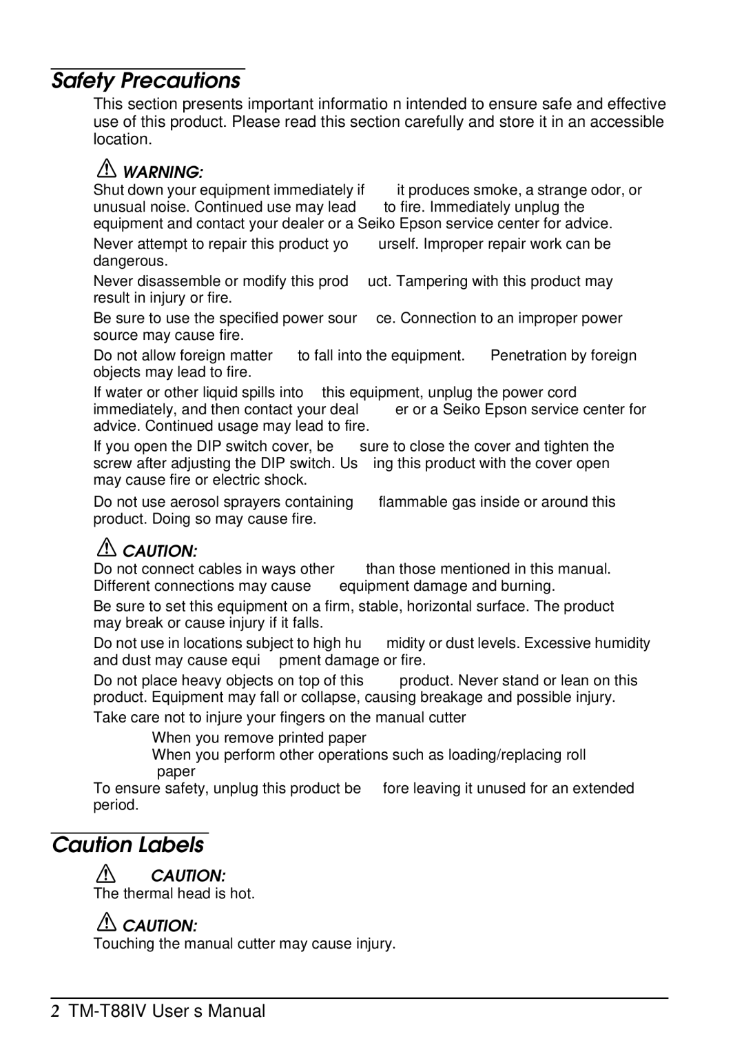 Epson T88IV user manual Safety Precautions 