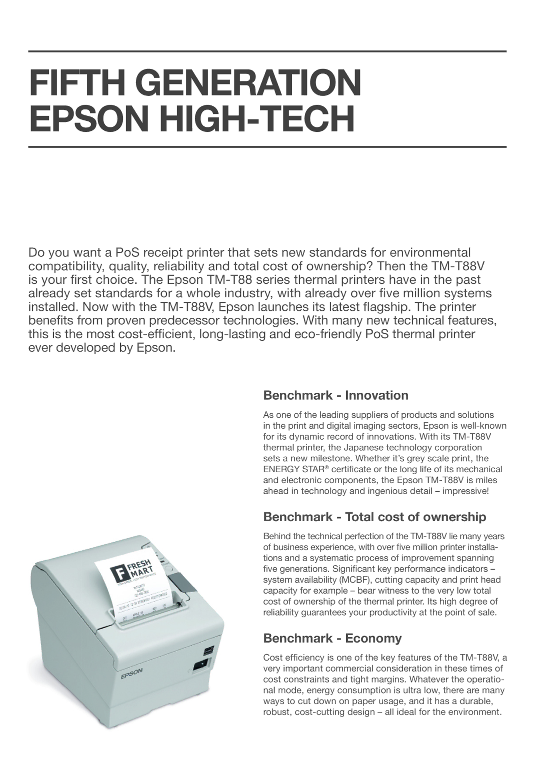 Epson T88V manual Benchmark Innovation, Benchmark Total cost of ownership, Benchmark Economy 