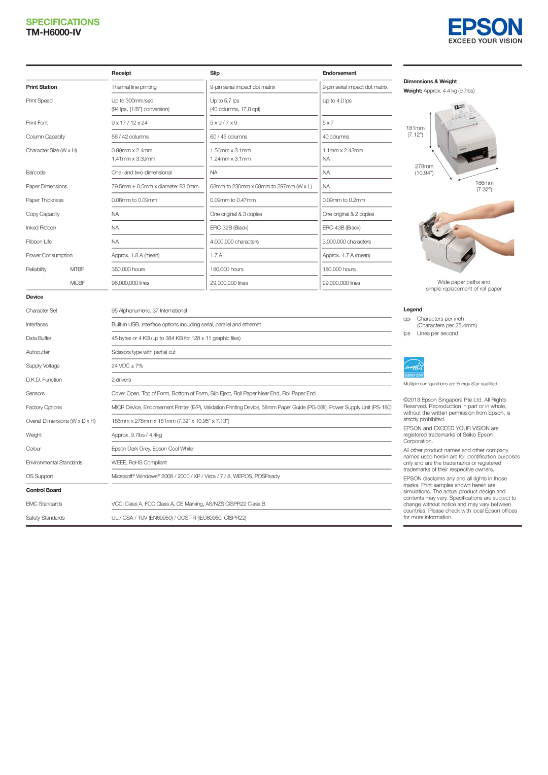 Epson TH-H6000-IV manual Specifications, TM-H6000-IV 