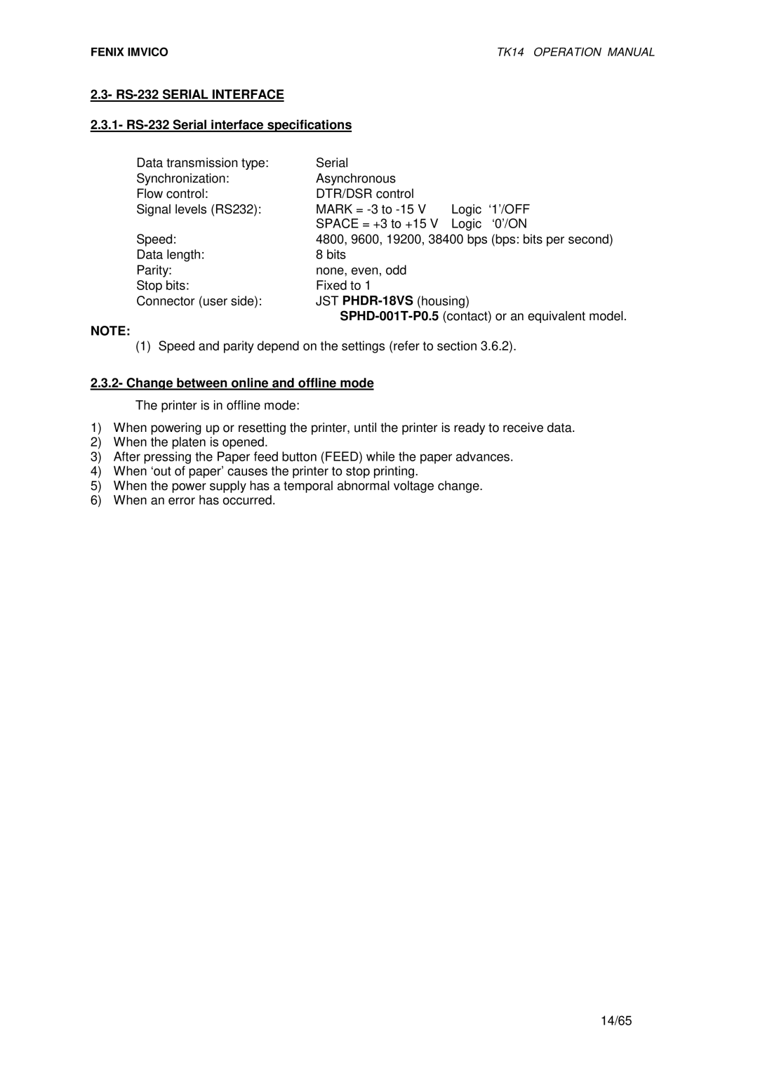 Epson TK14 RS-232 Serial Interface, RS-232 Serial interface specifications, Change between online and offline mode 