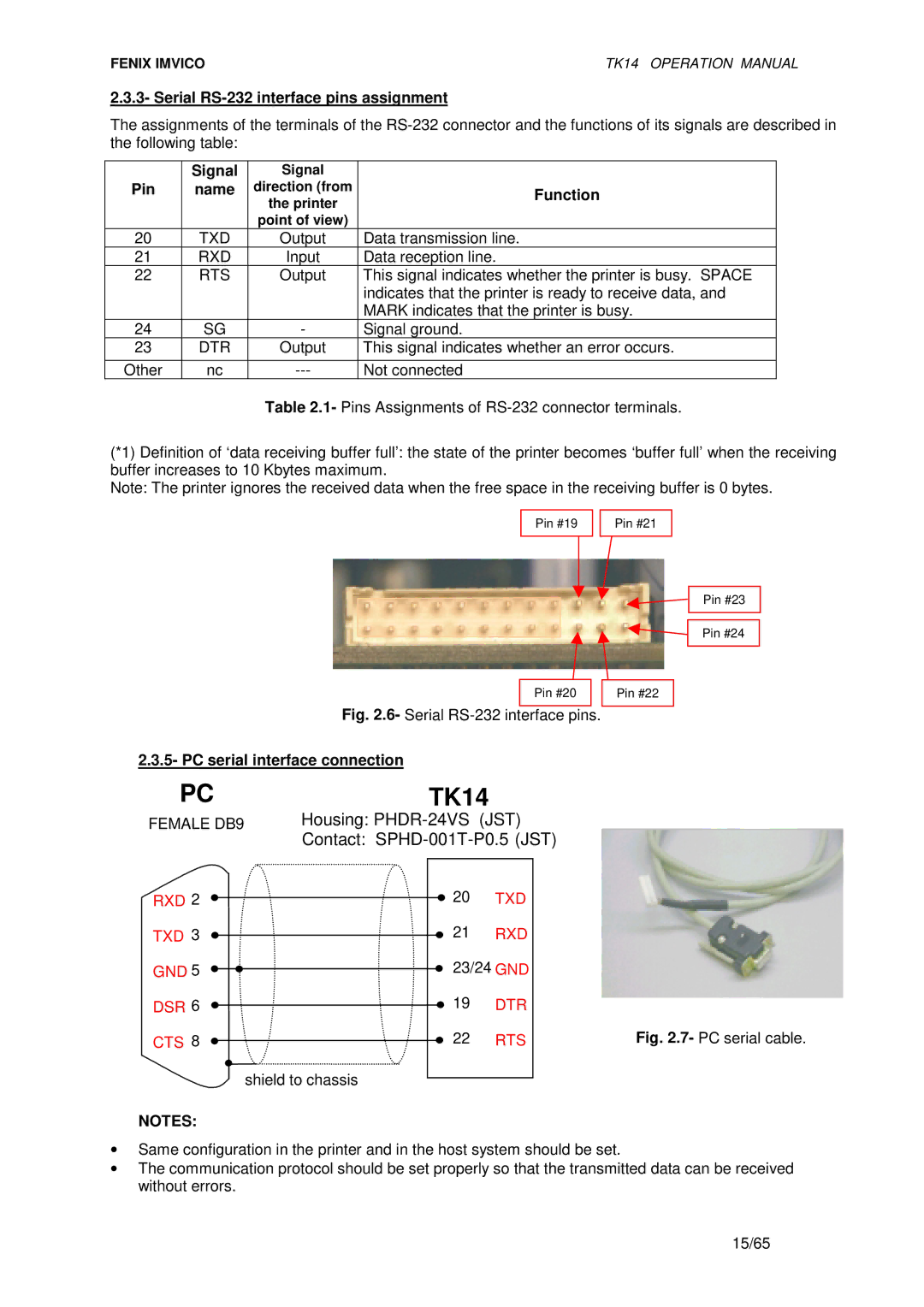 Epson TK14 operation manual Serial RS-232 interface pins assignment, Signal, Function, PC serial interface connection 