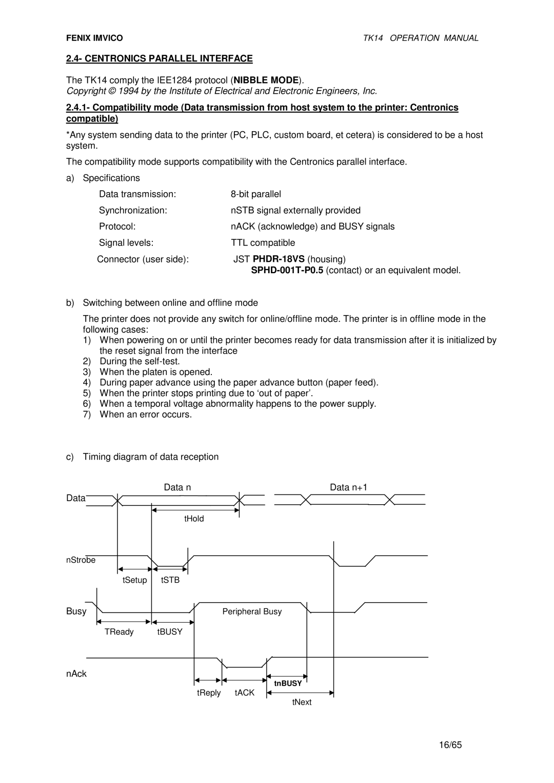 Epson TK14 operation manual Centronics Parallel Interface 