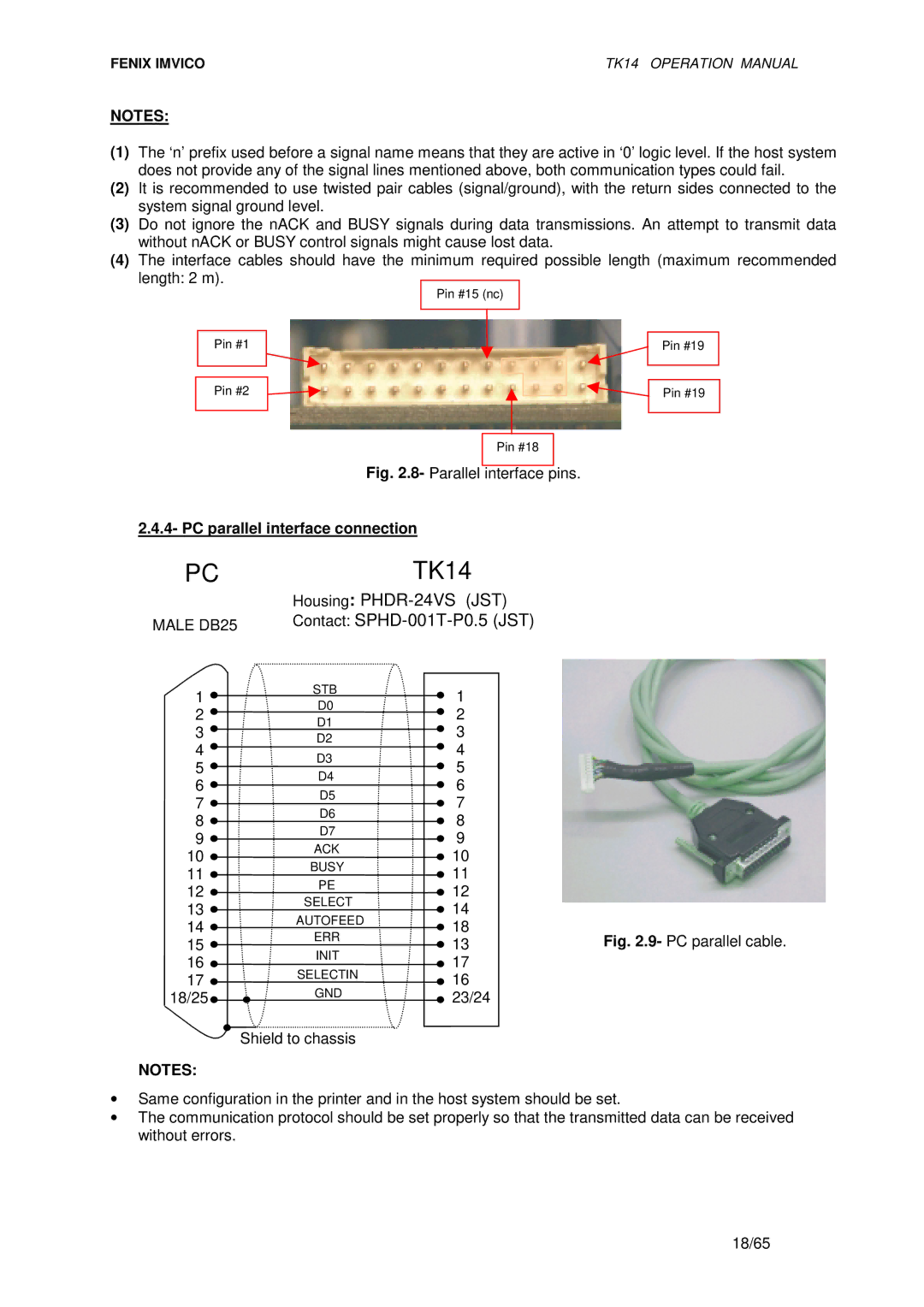 Epson TK14 operation manual PC parallel interface connection, Male DB25 