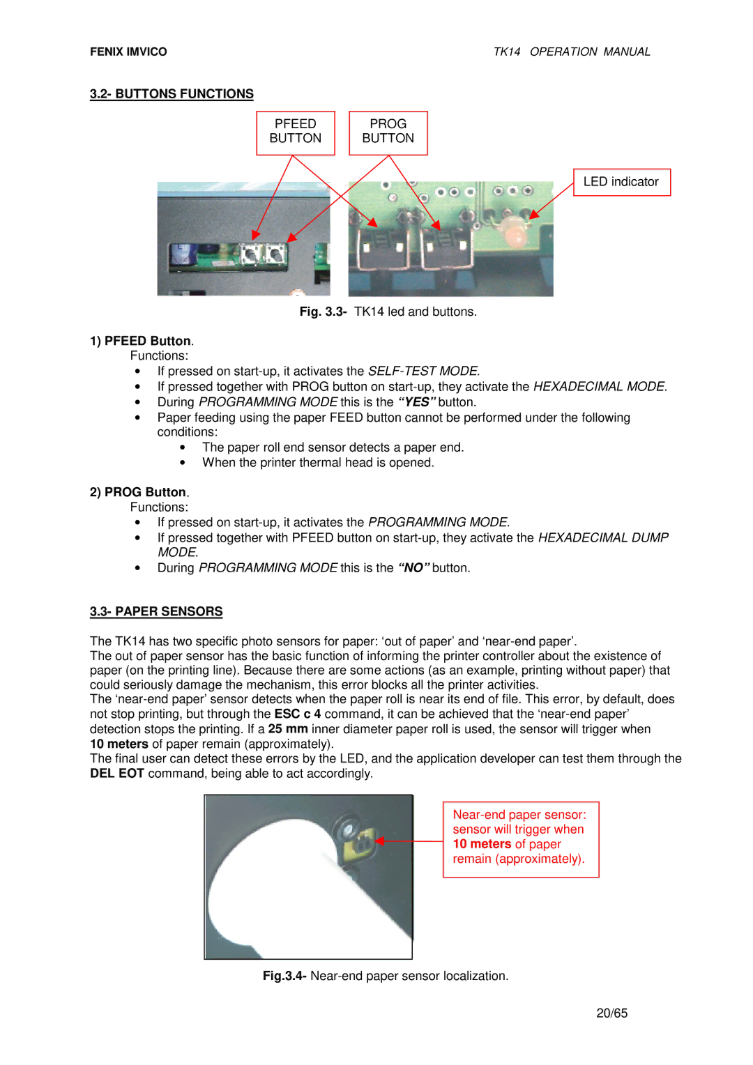 Epson TK14 operation manual Buttons Functions, Pfeed Button Prog, Pfeed Button. Functions, Prog Button, Paper Sensors 