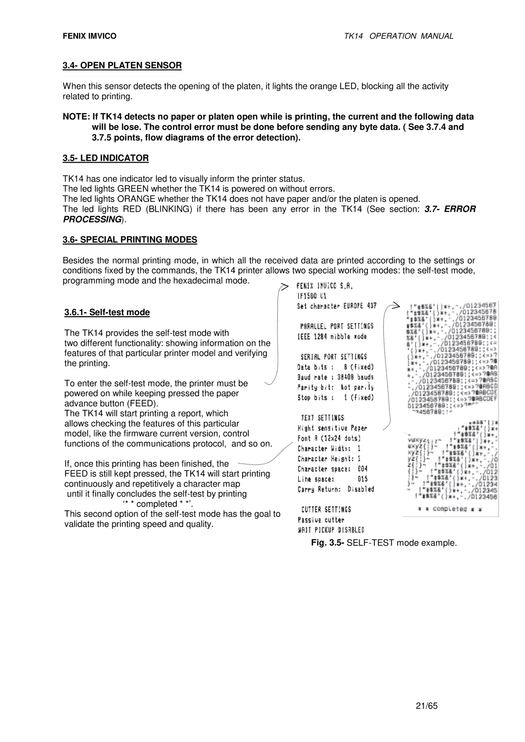 Epson TK14 operation manual Open Platen Sensor, Special Printing Modes, Self-test mode 