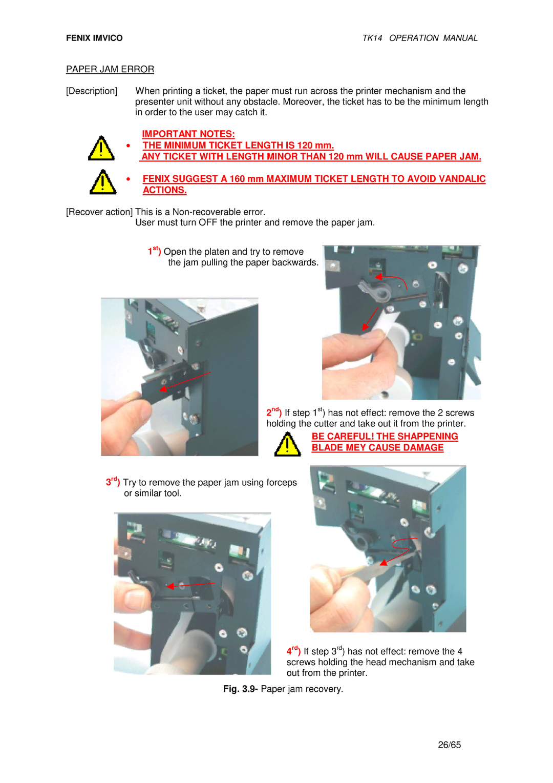 Epson TK14 operation manual Paper JAM Error, Important Notes 