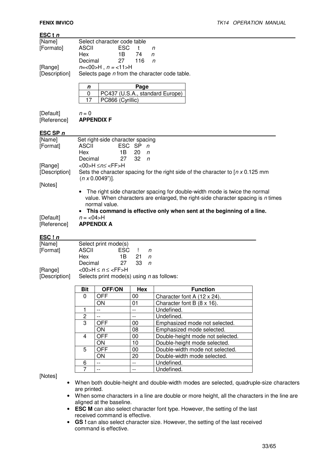 Epson TK14 operation manual Appendix F, Appendix a 