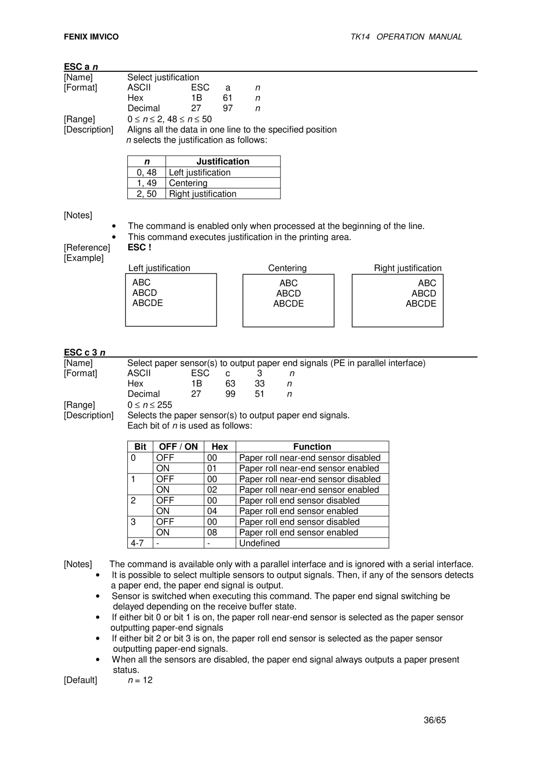 Epson TK14 operation manual Justification, ABC Abcd Abcde, ESC c 3 n, OFF / on 