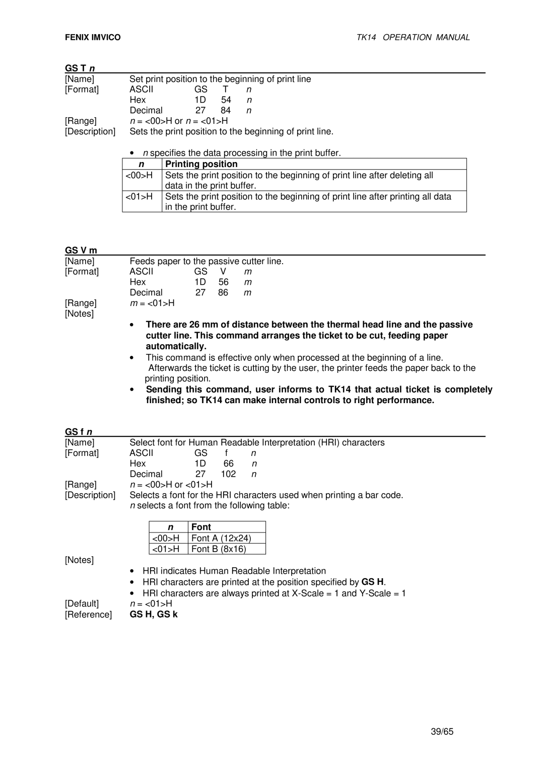 Epson TK14 operation manual GS T n, Printing position, GS V m, Font, GS H, GS k 