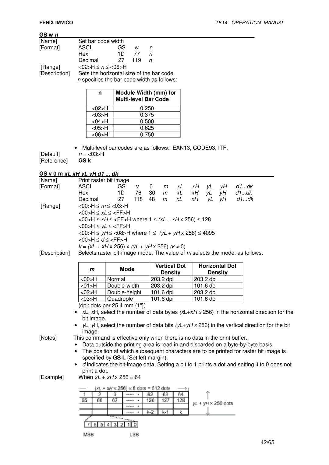 Epson TK14 operation manual GS w n, Module Width mm for Multi-level Bar Code, Mode Vertical Dot Horizontal Dot Density 