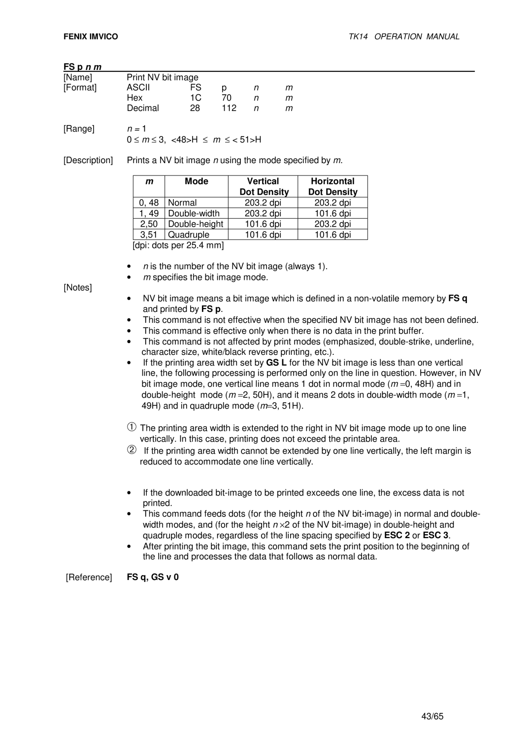 Epson TK14 operation manual FS p n m, Mode, Horizontal Dot Density 