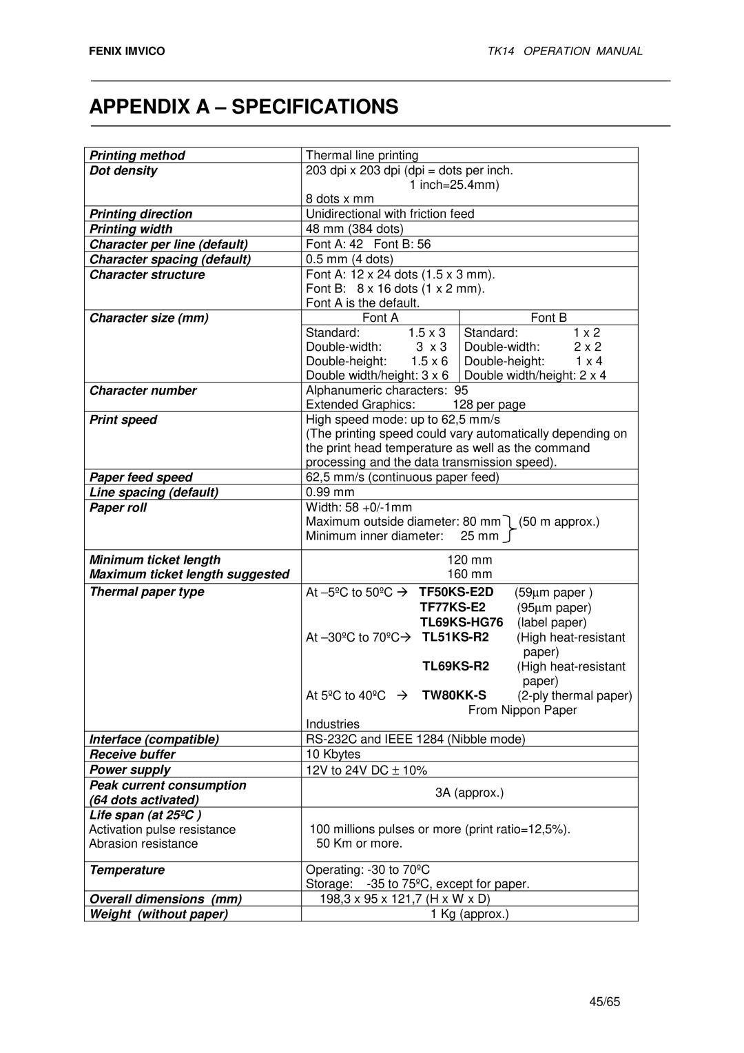 Epson TK14 operation manual Appendix a Specifications, TL69KS-HG76, TL69KS-R2, # TW80KK-S 