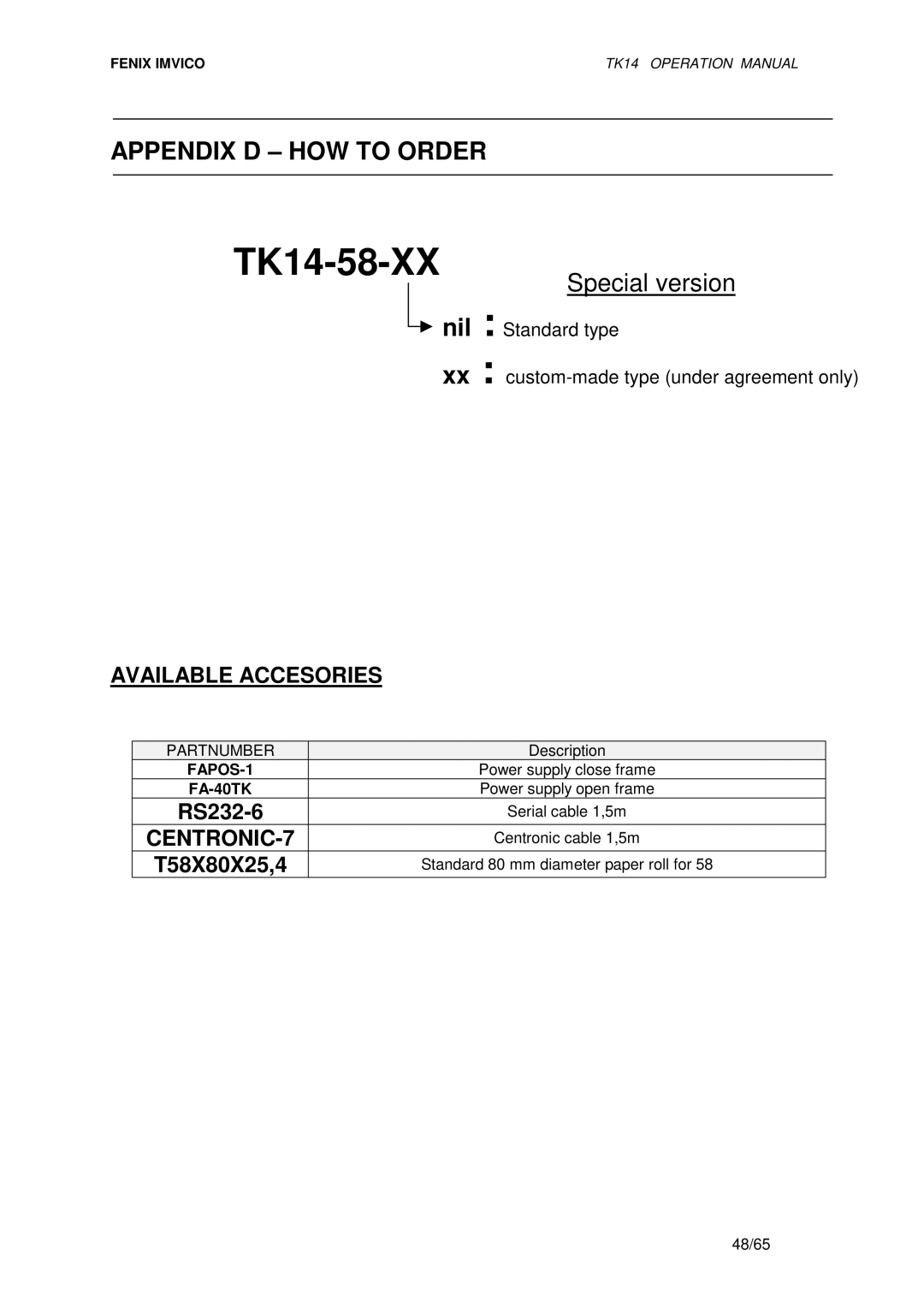 Epson TK14 operation manual Appendix D HOW to Order, Partnumber, FAPOS-1, FA-40TK 