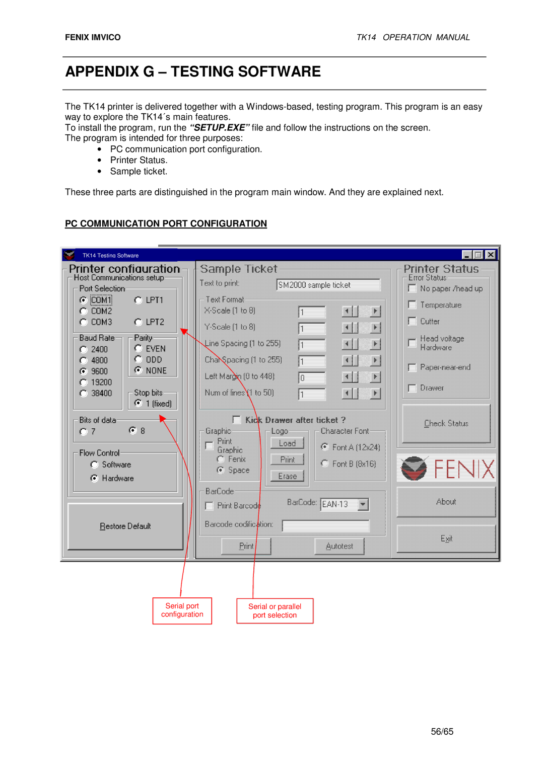 Epson TK14 operation manual Appendix G Testing Software, PC Communication Port Configuration 