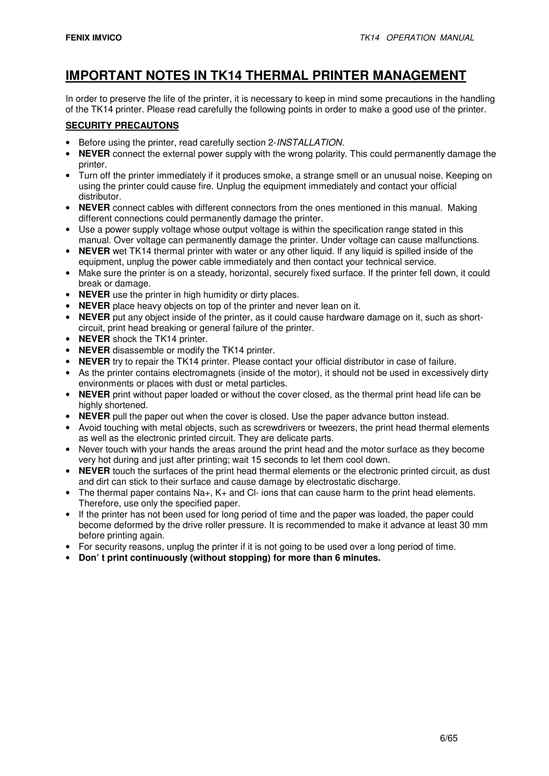 Epson operation manual Important Notes in TK14 Thermal Printer Management, Security Precautons 