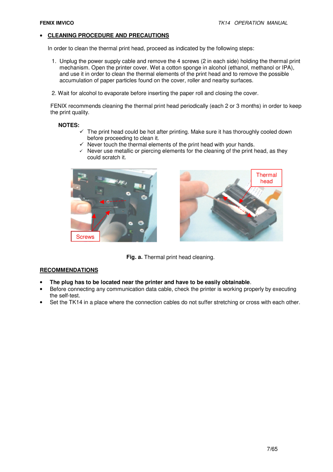 Epson TK14 operation manual Cleaning Procedure and Precautions, Recommendations 