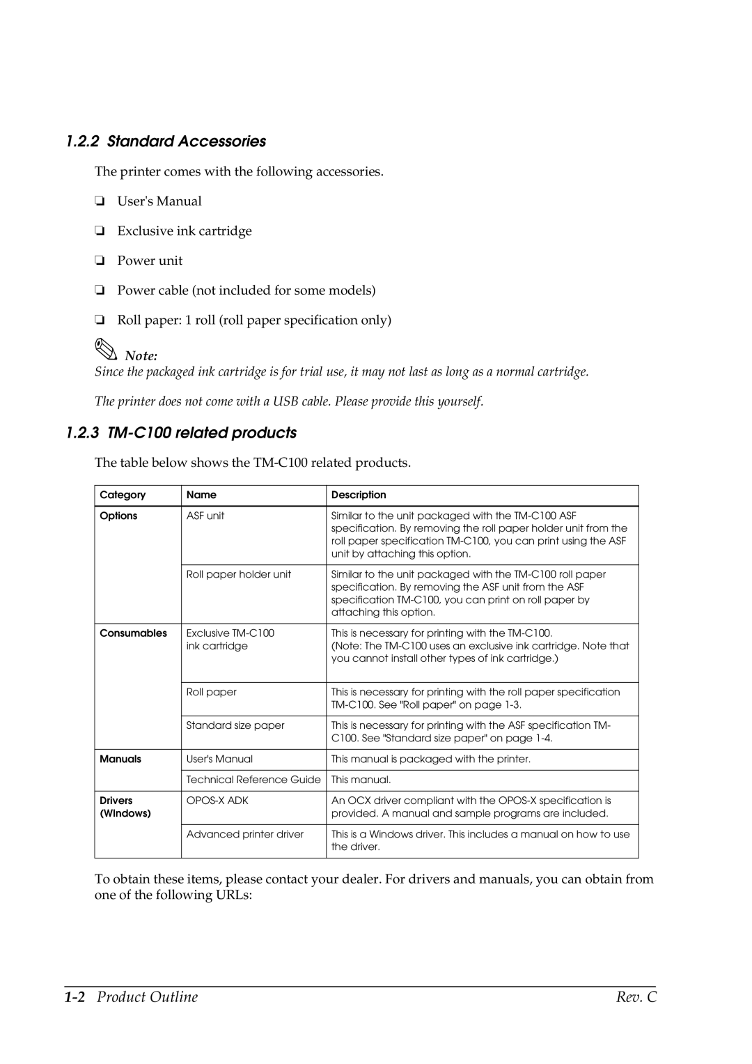 Epson manual Standard Accessories, TM-C100 related products, 2Product Outline Rev. C 