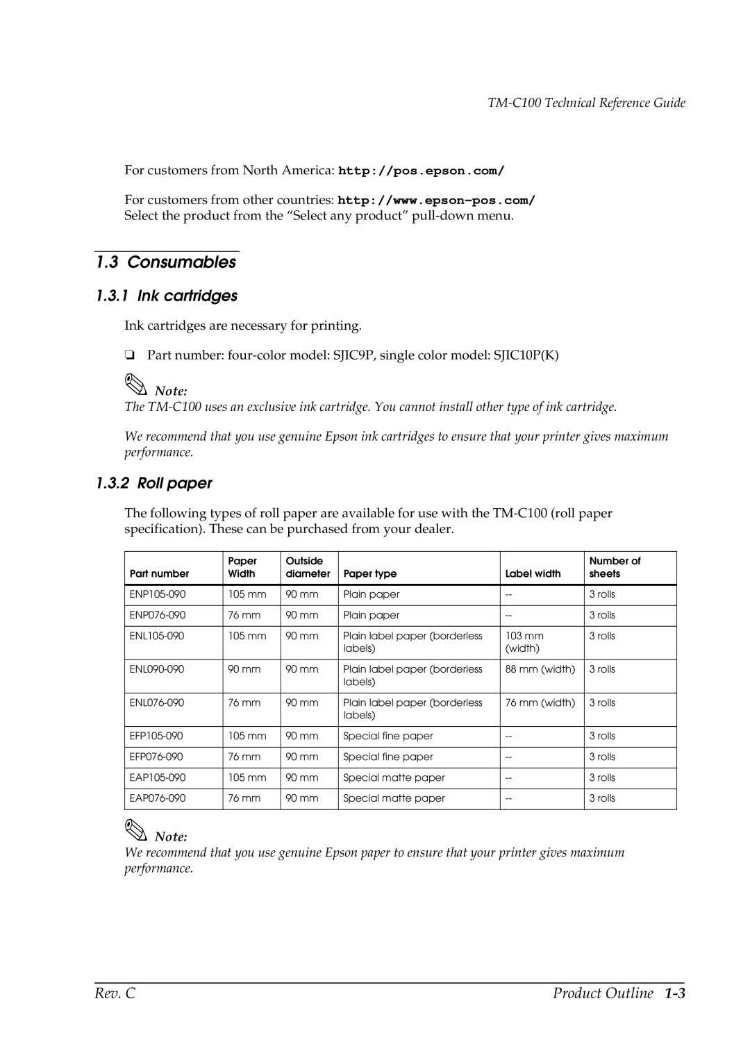 Epson TM-C100 manual Consumables, Ink cartridges, Roll paper 