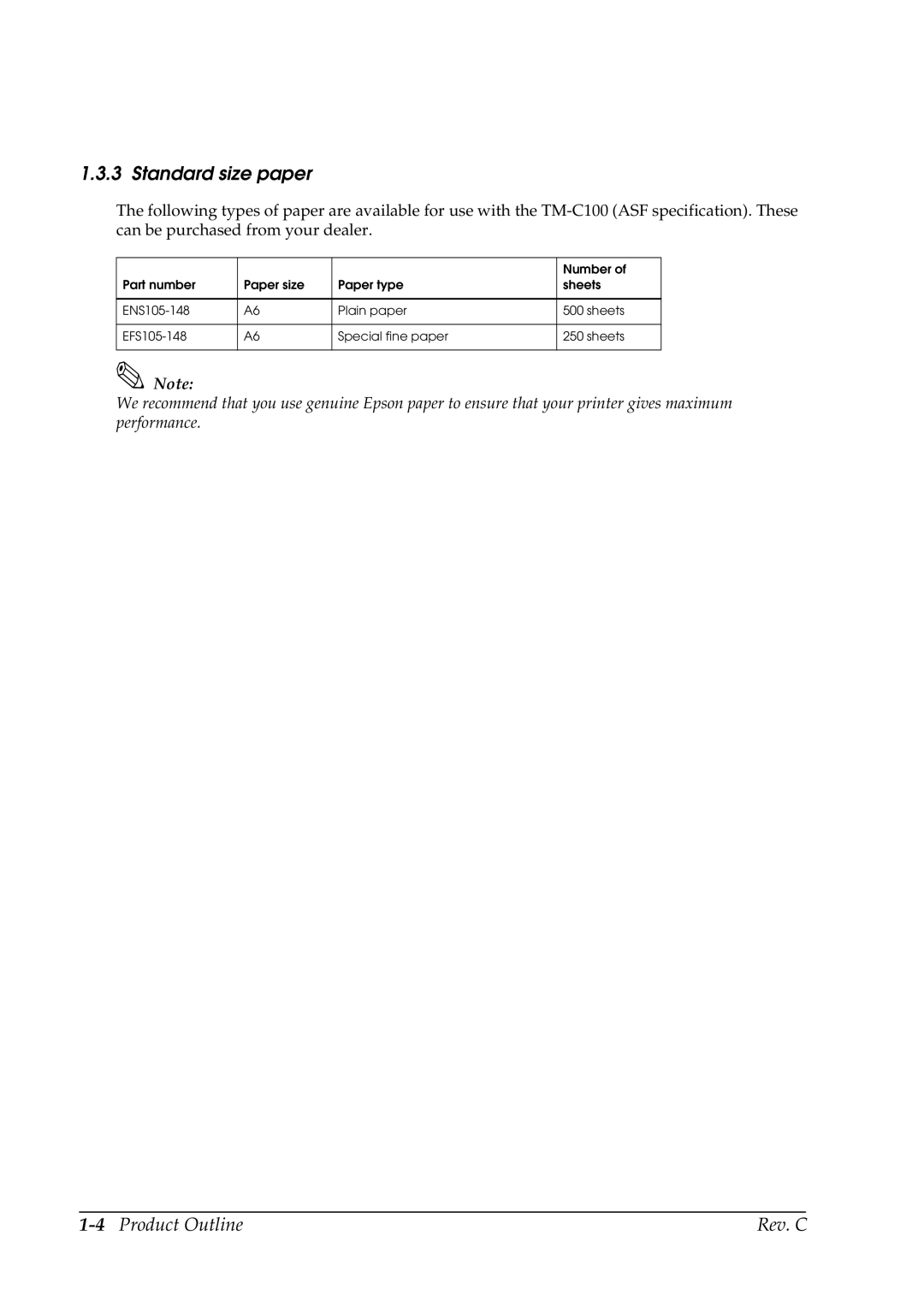 Epson TM-C100 manual Standard size paper, 4Product Outline Rev. C 