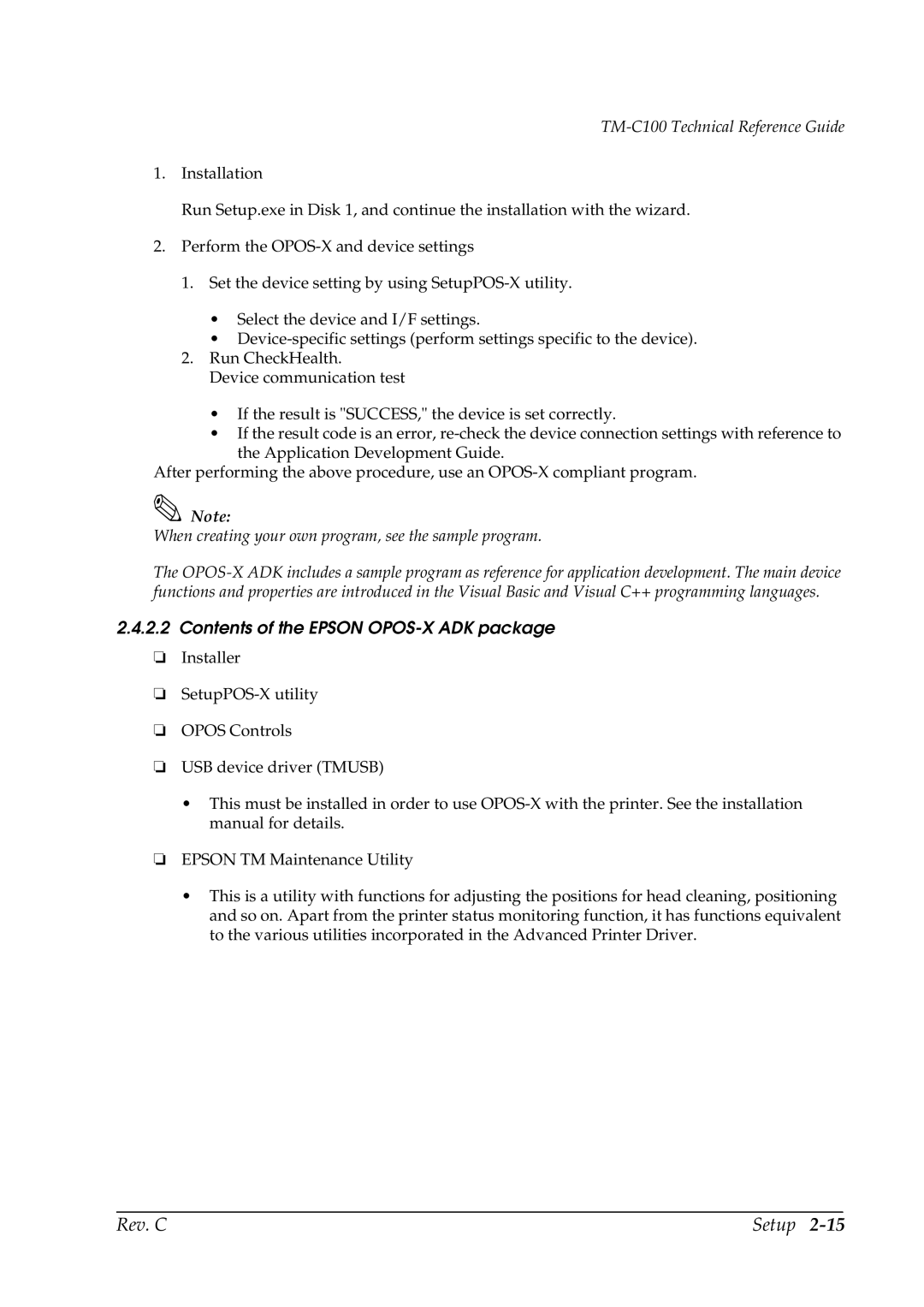 Epson TM-C100 manual Contents of the Epson OPOS-X ADK package 