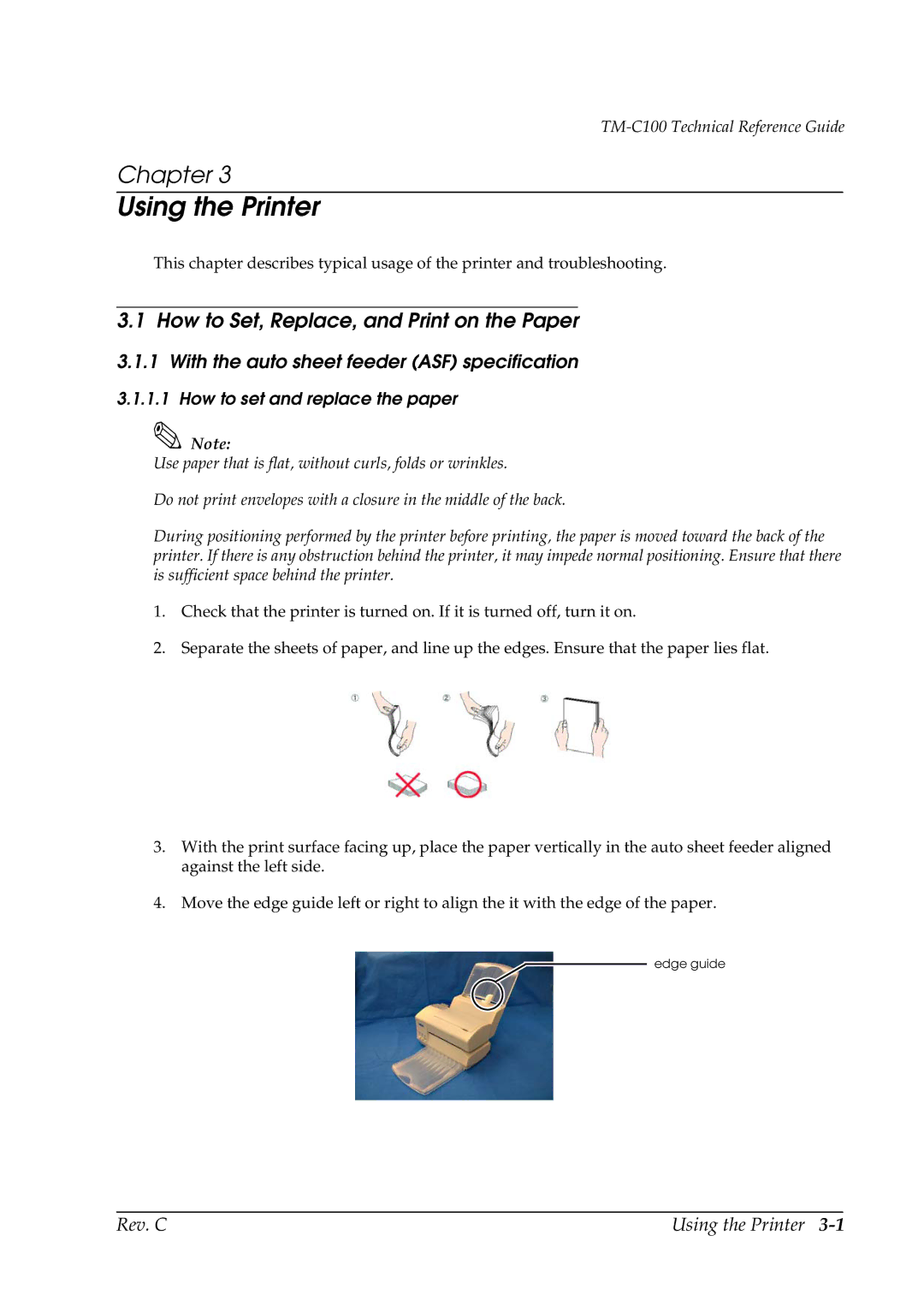 Epson TM-C100 manual How to Set, Replace, and Print on the Paper, With the auto sheet feeder ASF specification 