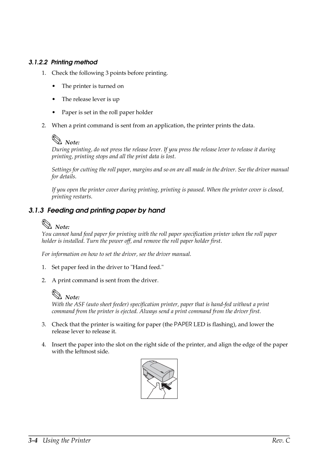 Epson TM-C100 manual Feeding and printing paper by hand, 4Using the Printer Rev. C 