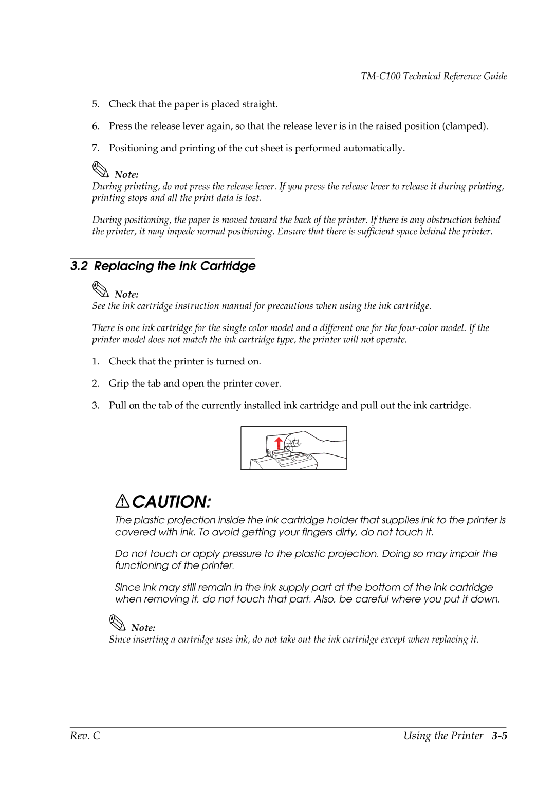 Epson TM-C100 manual Replacing the Ink Cartridge 