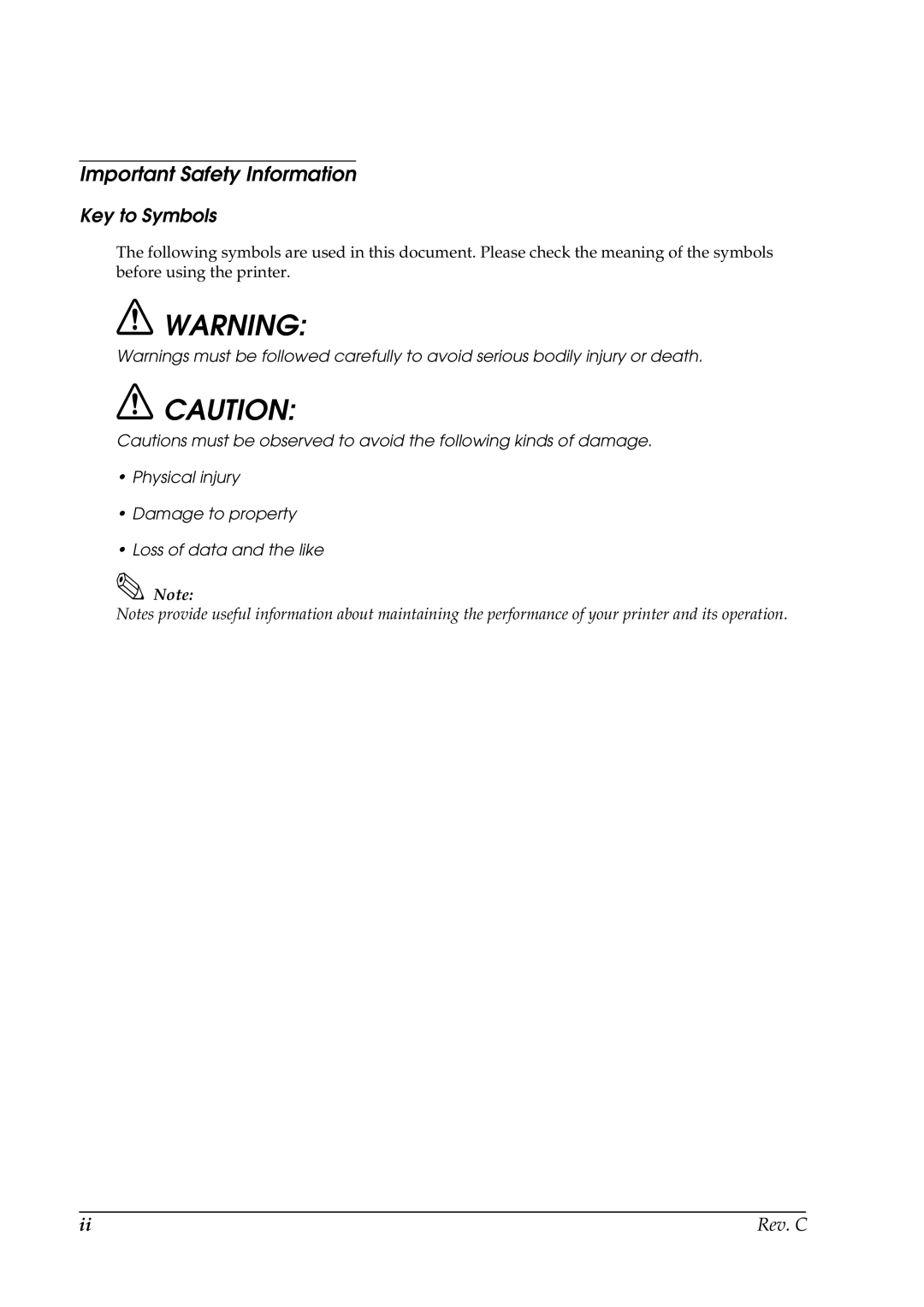 Epson TM-C100 manual Important Safety Information, Key to Symbols, Rev. C 