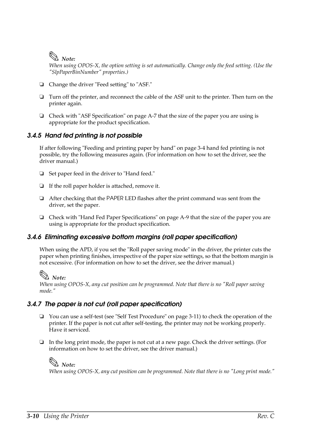 Epson TM-C100 Hand fed printing is not possible, Paper is not cut roll paper specification, 10Using the Printer Rev. C 