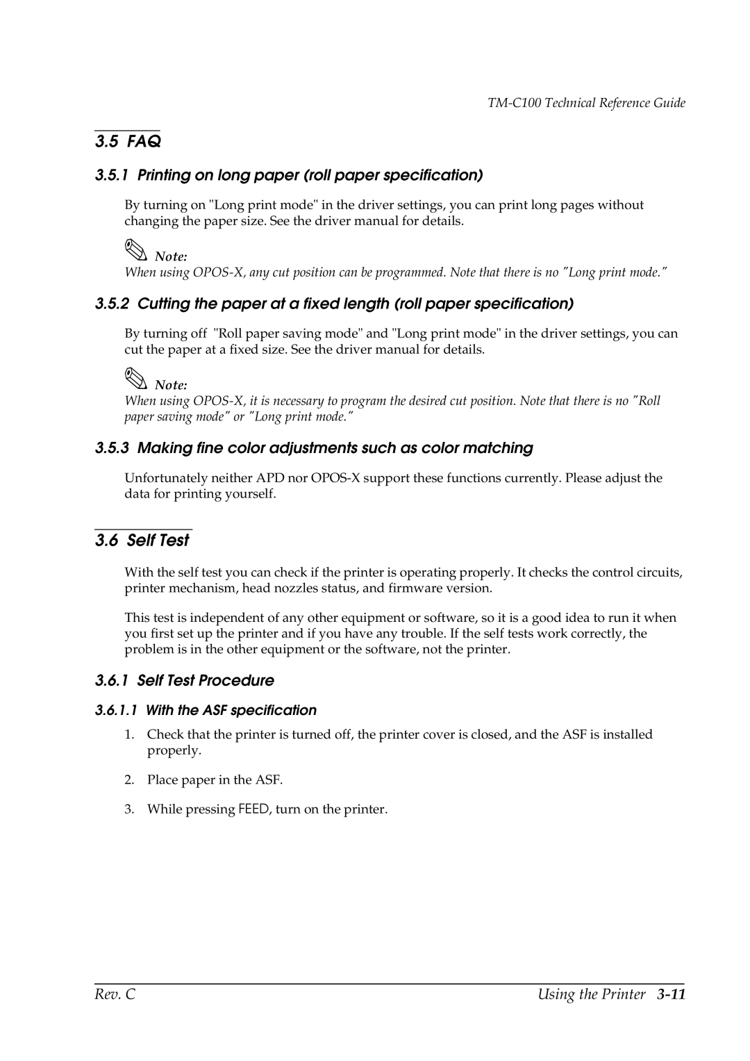 Epson TM-C100 manual Faq, Printing on long paper roll paper specification, Self Test Procedure 