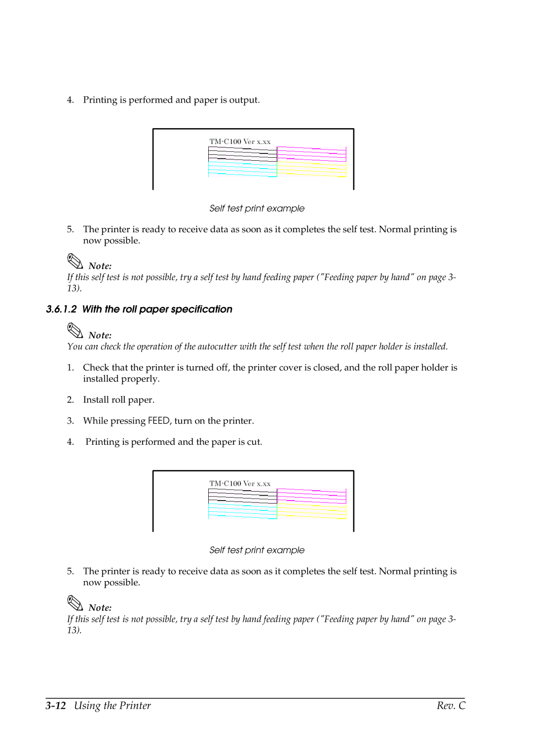 Epson TM-C100 manual 12Using the Printer Rev. C, With the roll paper specification 