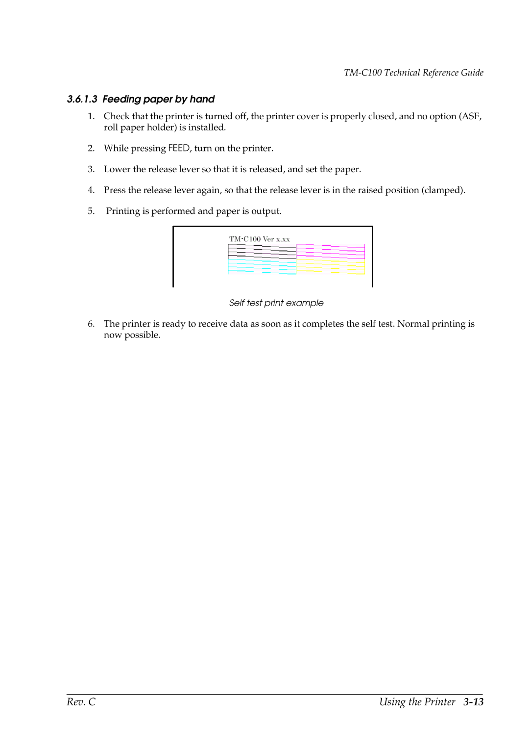 Epson TM-C100 manual Feeding paper by hand 