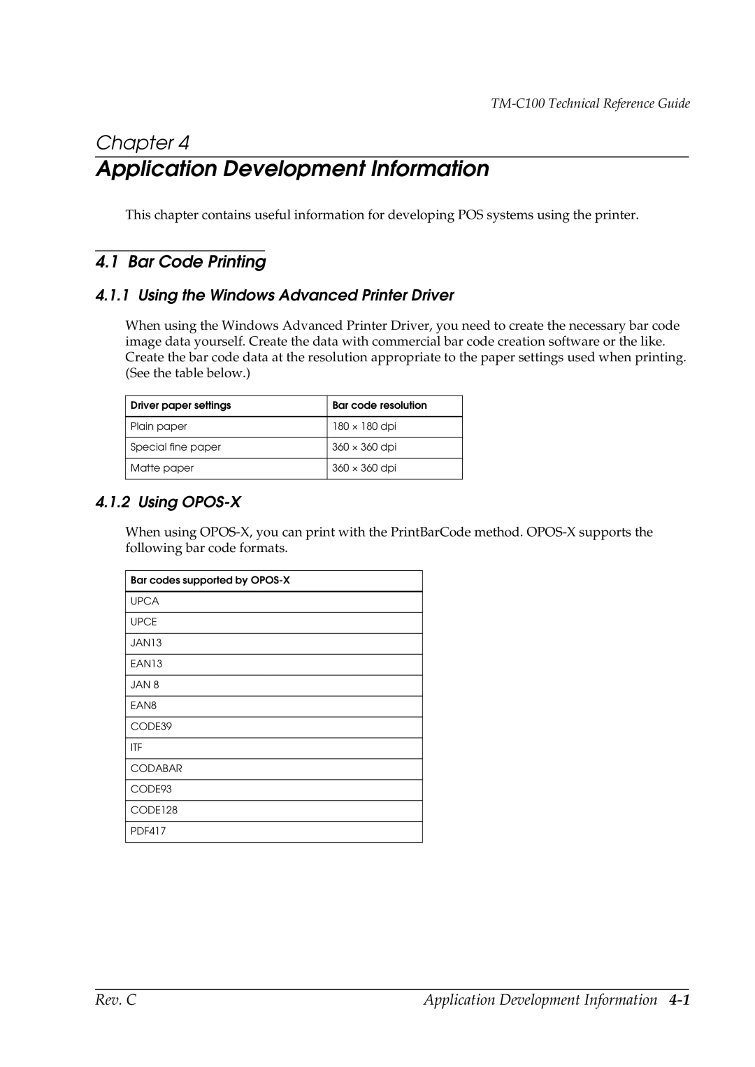 Epson TM-C100 manual Bar Code Printing, Using the Windows Advanced Printer Driver, Using OPOS-X 