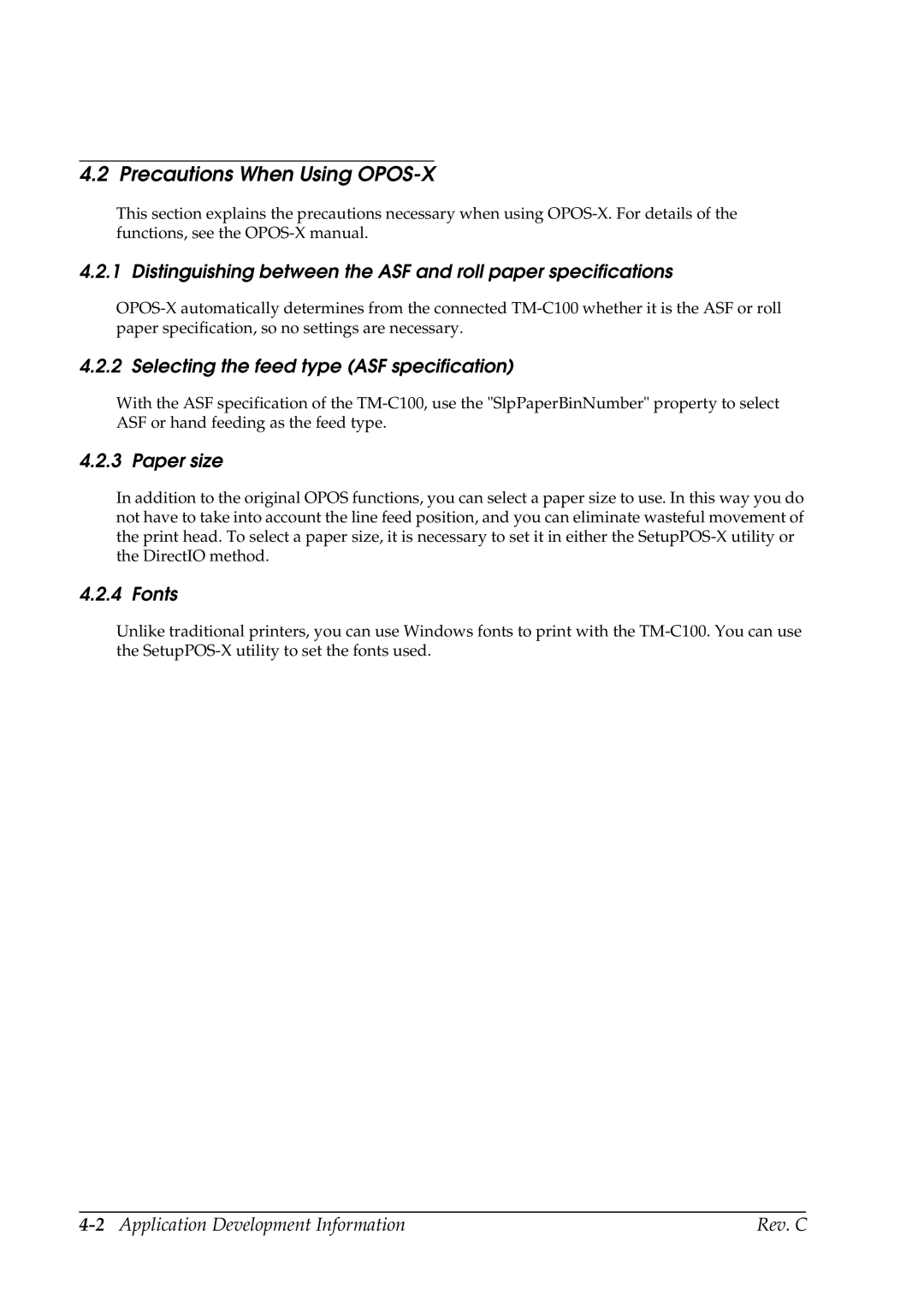 Epson TM-C100 manual Precautions When Using OPOS-X, Selecting the feed type ASF specification, Paper size, Fonts 