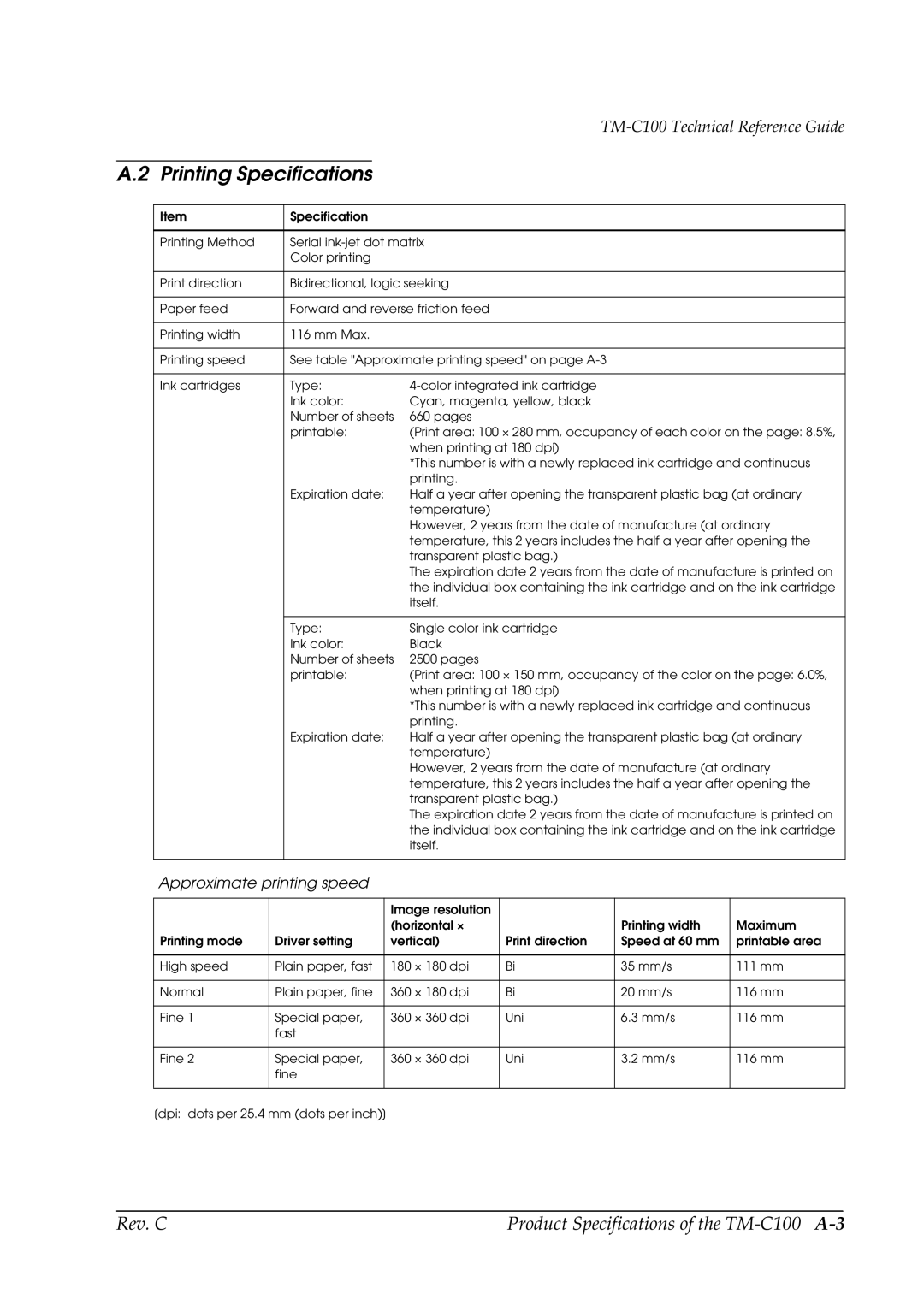 Epson TM-C100 manual Printing Specifications, Approximate printing speed 