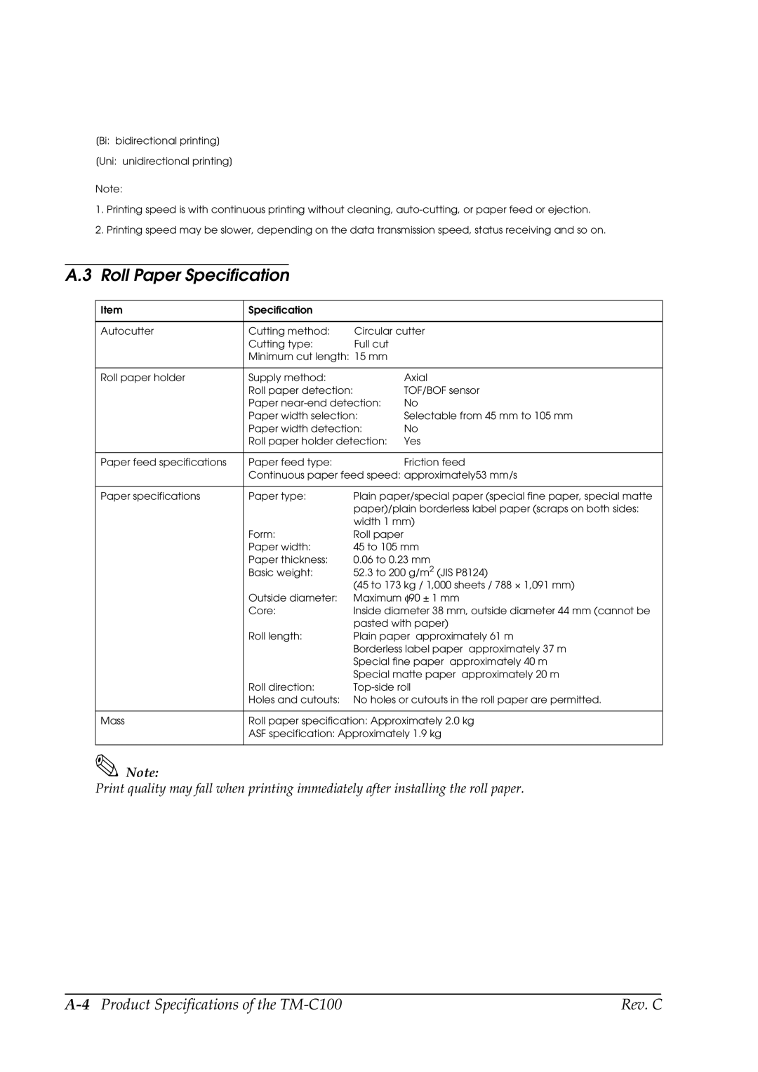 Epson TM-C100 manual Roll Paper Specification 