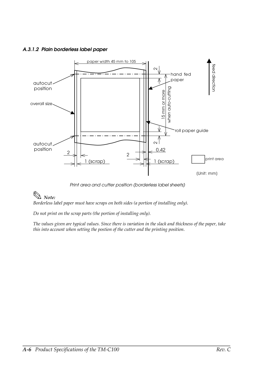 Epson TM-C100 manual Plain borderless label paper 