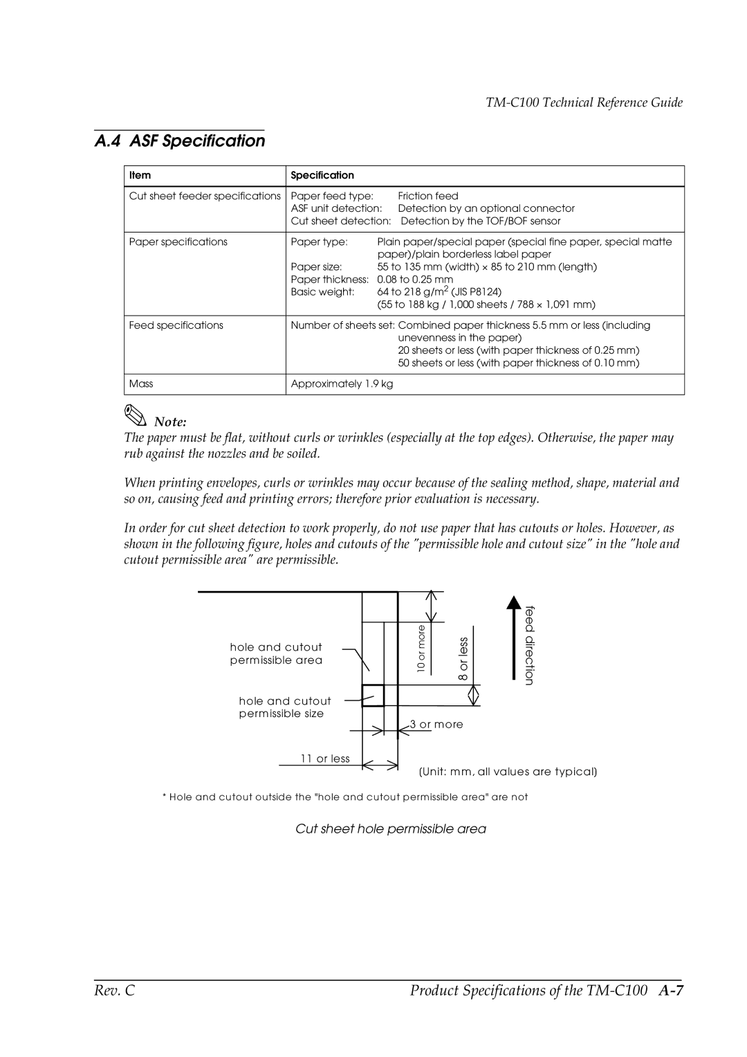 Epson TM-C100 manual ASF Specification, Or less 