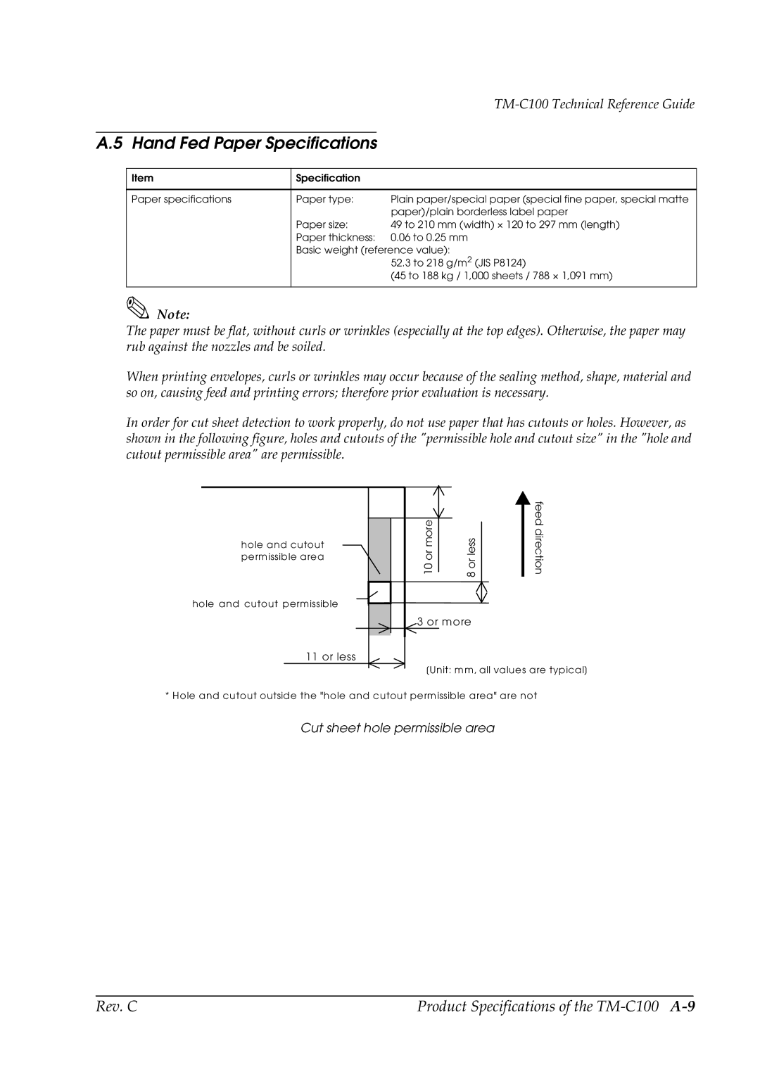 Epson TM-C100 manual Hand Fed Paper Specifications, Or less Or more Feed direction 