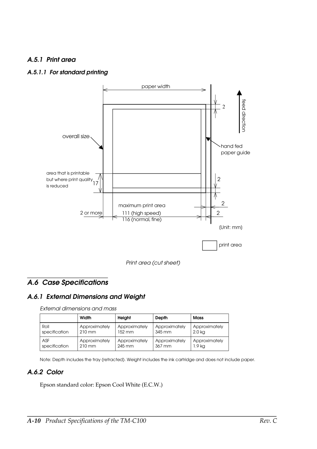 Epson TM-C100 manual Case Specifications, External Dimensions and Weight, Color 