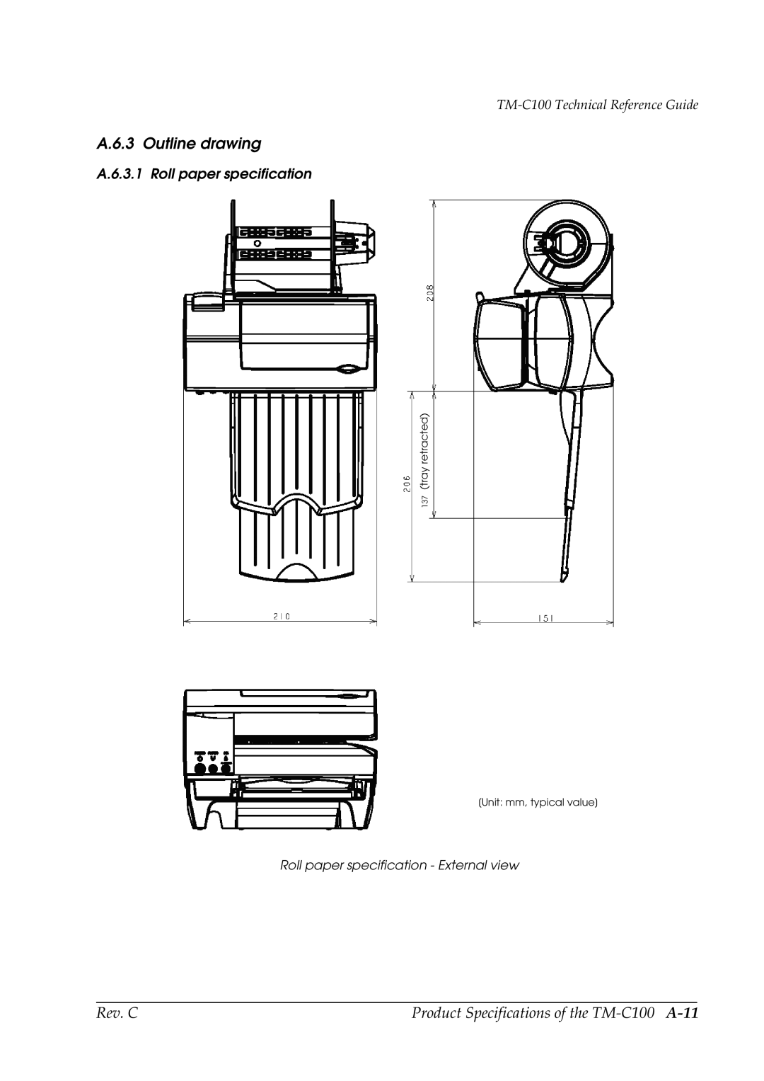 Epson TM-C100 manual Outline drawing, Roll paper specification 