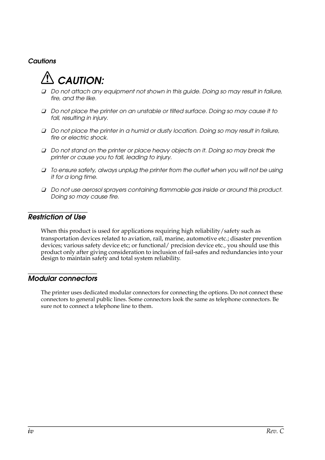 Epson TM-C100 manual Restriction of Use, Modular connectors 