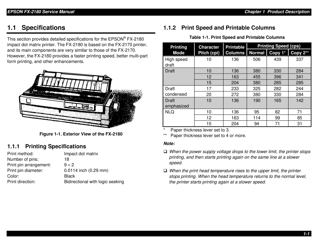 Epson TM-FX2180 Printing Specifications, Print Speed and Printable Columns, Character Printable Printing Speed cps 