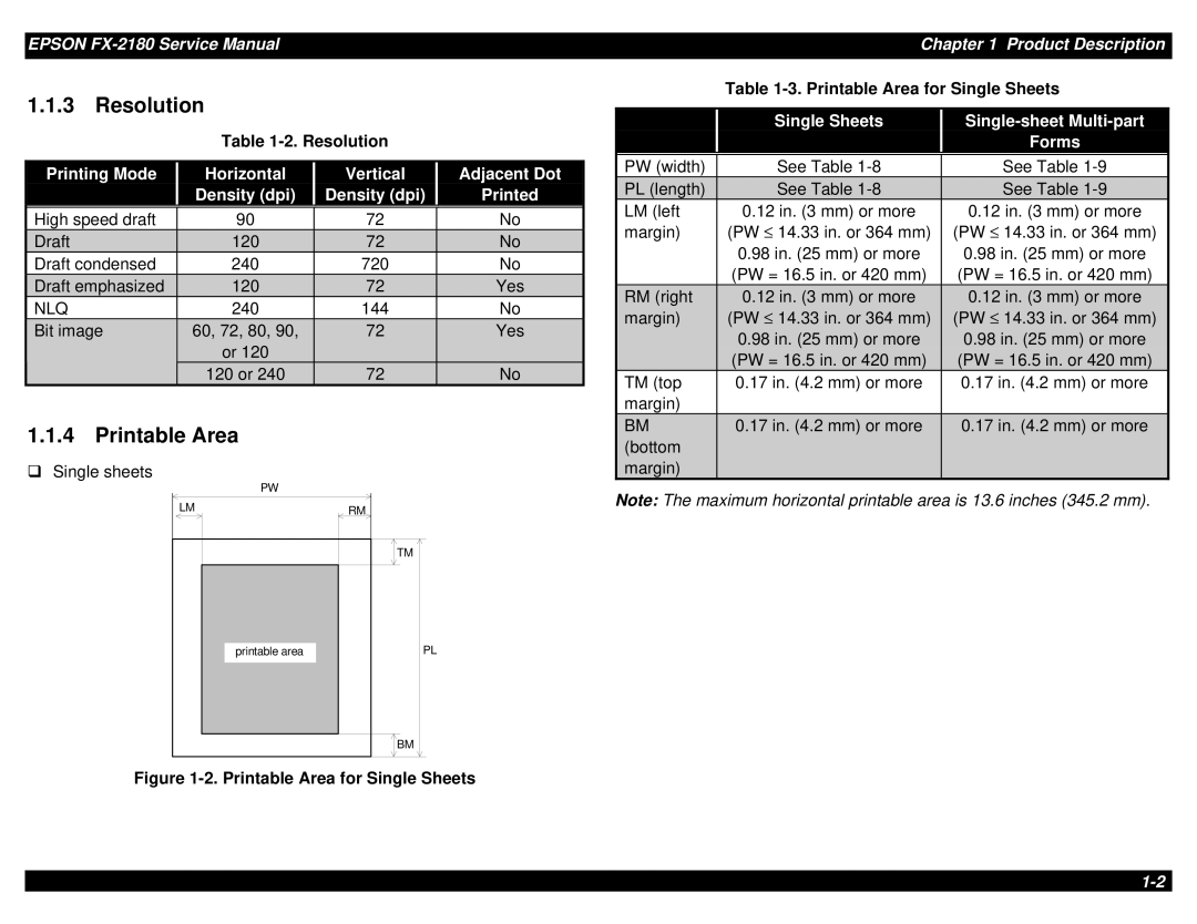 Epson TM-FX2180 manual Resolution, Printable Area, Printing Mode, Vertical Adjacent Dot Density dpi 