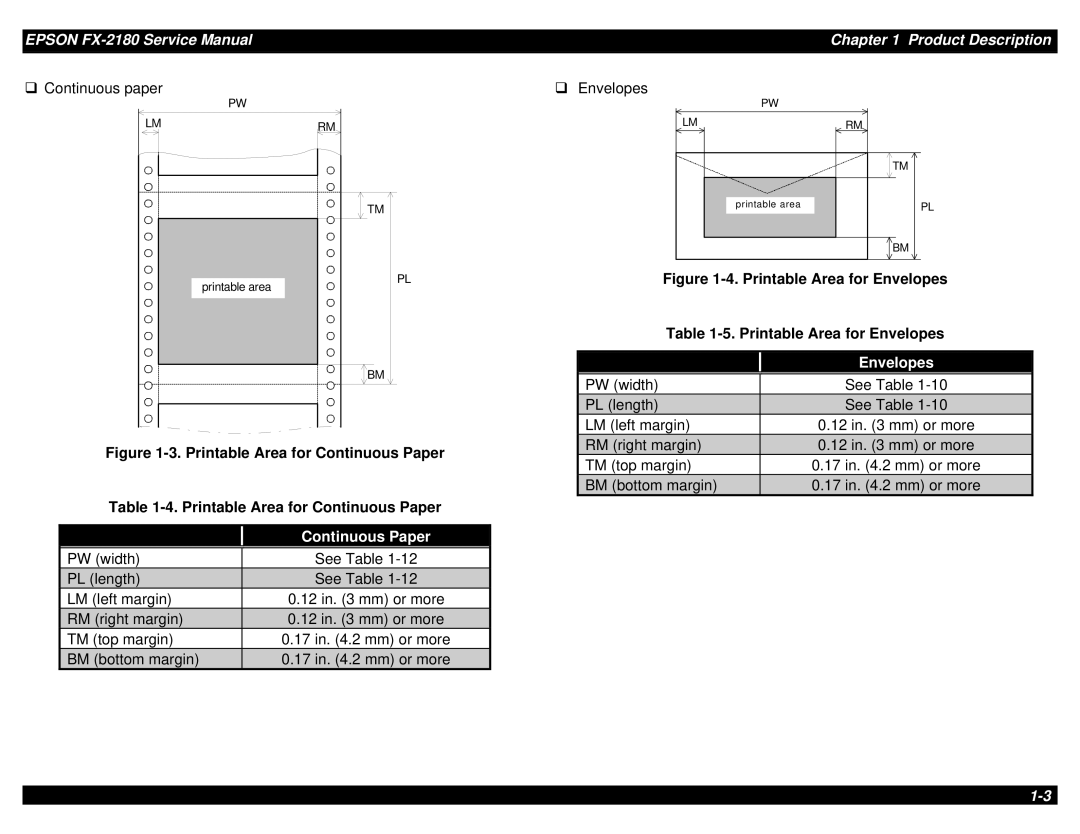 Epson TM-FX2180 manual Continuous Paper, Envelopes 